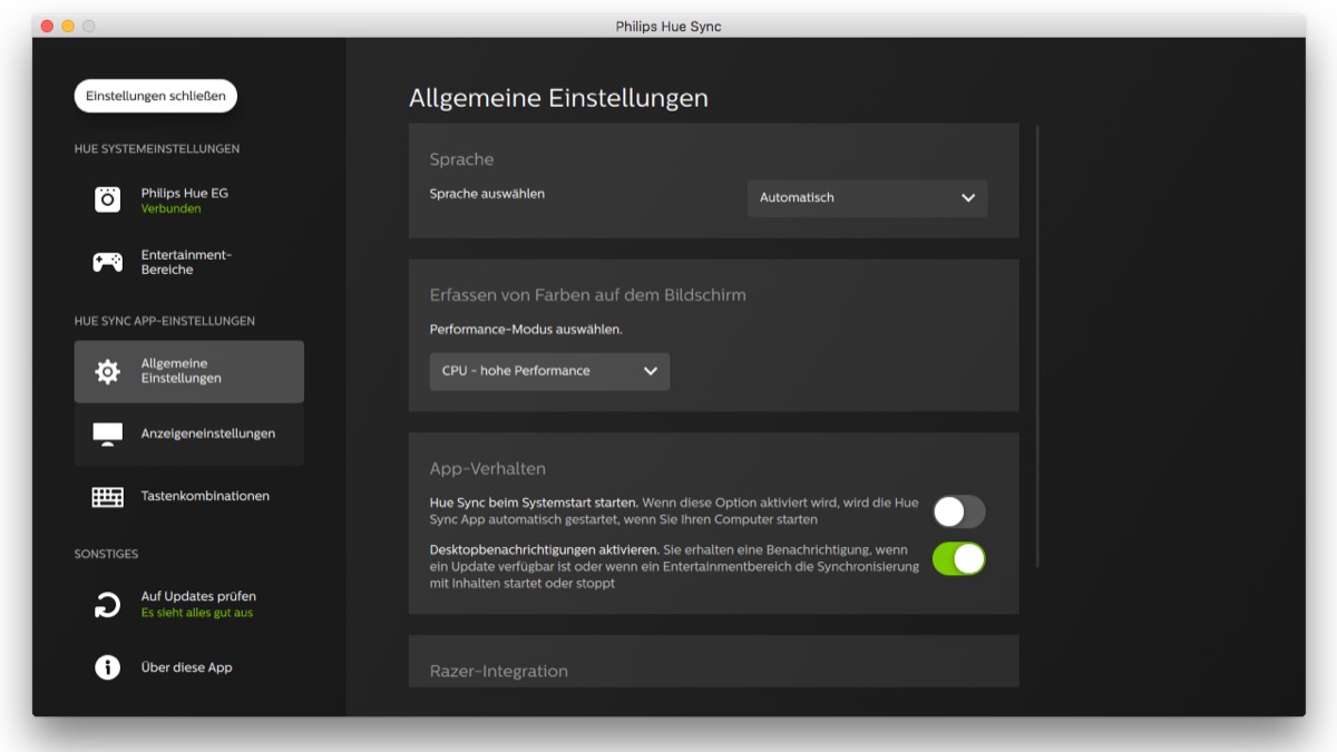 Hue Sync Einstellungen